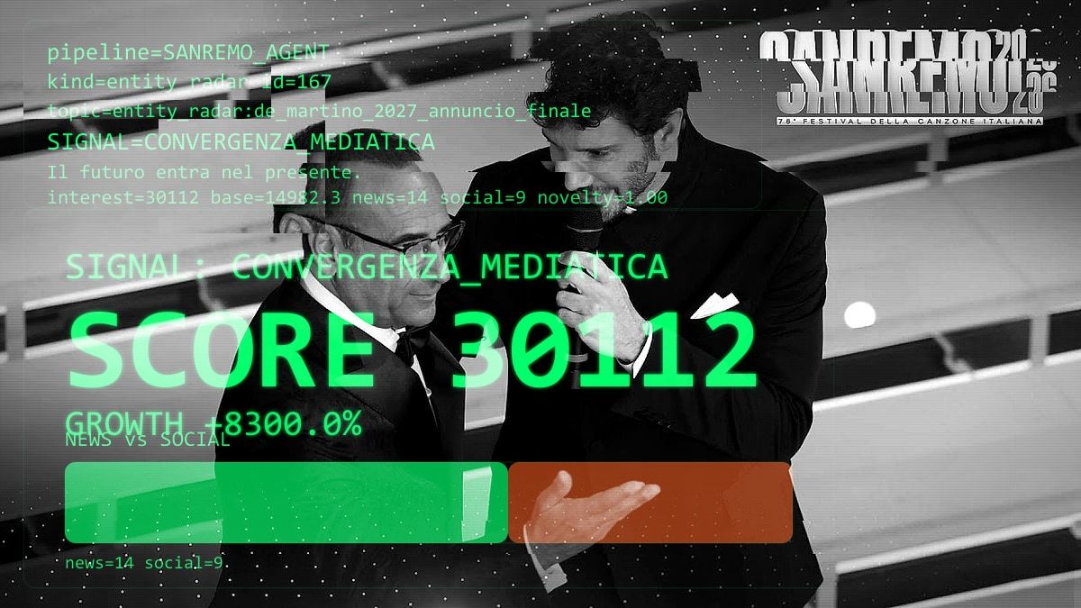 Carlo Conti e Stefano De Martino alla finale del Festival di Sanremo 2026